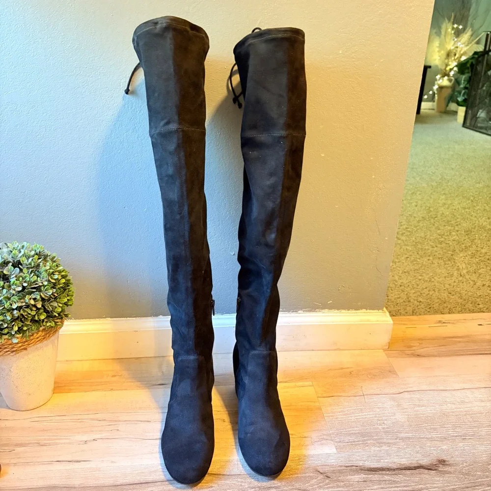 Unisa Size 10 Women Over The Knee Boots Black Suede Block Heels Zipper